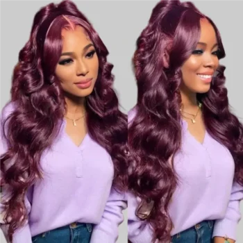 Hot&Pop Trendy Dark Purple Sugar Plum Colored 13x4 Lace Front Silky StraightBody Wave Wig