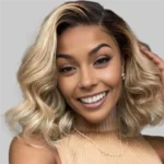 Ombre Ash Blonde Highlight Wig Classic Short Wavy Wig Medium Blonde #2 Dark Brown Virgin Human Hair 6x5 Glueless Lace Wig
