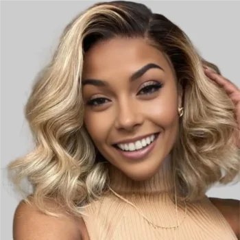 Ombre Ash Blonde Highlight Wig Classic Short Wavy Wig Medium Blonde #2 Dark Brown Virgin Human Hair 6x5 Glueless Lace Wig