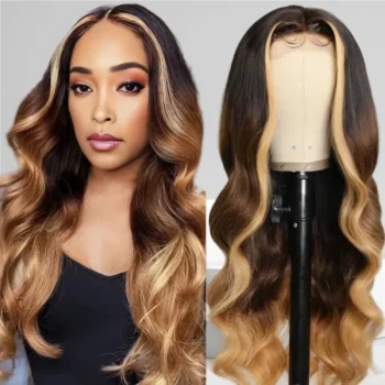 Honey Blonde Money Piece Highlights Brown Ombre Glueless 6X5 Glueless Lace Wig Loose Body Wave Human Hair Wigs