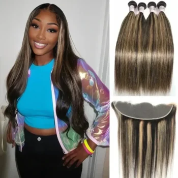 Highlight Balayage Ombre Bundles With 13x4 Lace Frontal Closure 3/4Bundles Virgin Human Hair Bundles Deal