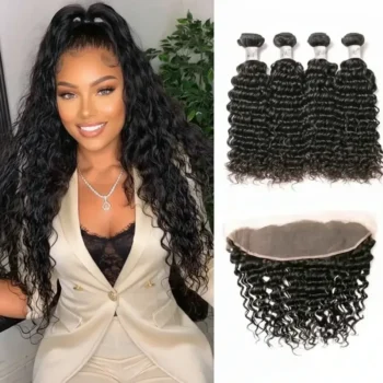 3Bundles Brazilian Deep Wave Hair With 13*4 Ear to Ear Lace Frontal Closure 10A Grade Deal