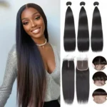 Buy 3 pcs Straight Hair Bundles Get 1 Free 5x5 Lace Closure (Free Part) 100% Brazilian Natural Human Hair Weaves
