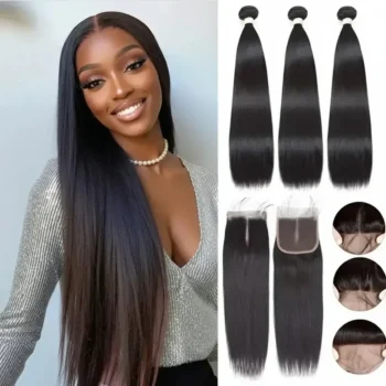 Buy 3 pcs Straight Hair Bundles Get 1 Free 5x5 Lace Closure (Free Part) 100% Brazilian Natural Human Hair Weaves