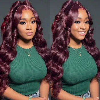 13x6 Three-Go™ Dark Plum Glueless Wigs Body Wave With Drawstring 100% Human Hair Wig
