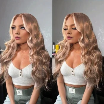 13x6 Three-Go™ Milk Tea Brown With Highlight Glueless Body Wave With Drawstring 100% Human Hair Wig