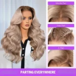 13x6 Three-Go™ Ash Blonde Highlights On Brown Hair Body Wave With Drawstring 100% Human Hair Wig