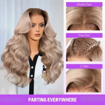 13x6 Three-Go™ Ash Blonde Highlights On Brown Hair Body Wave With Drawstring 100% Human Hair Wig