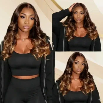 13x6 Three-Go™ Brown Ombre Glueless Wigs Loose Body Wave With Drawstring 100% Human Hair Wig