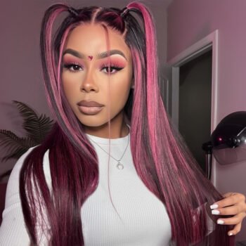 Transparent 13x4 Lace Front Wig Black Hair With Purple Highlights StraightBody Wave Human Hair Wigs