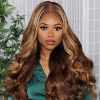 Piano Highlight 13x4 Lace Frontal Body Wave Brown Wig With Honey Blonde Highlights. New