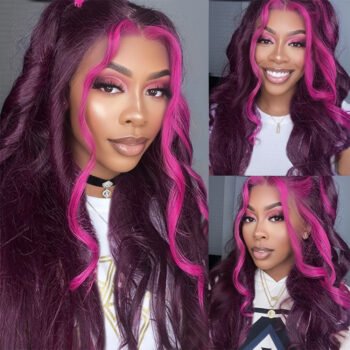 13x4 Lace Front Side Part Highlight Money Piece Pink Purple Human Hair Wig Hd Transparent Lace Body Wave Wig